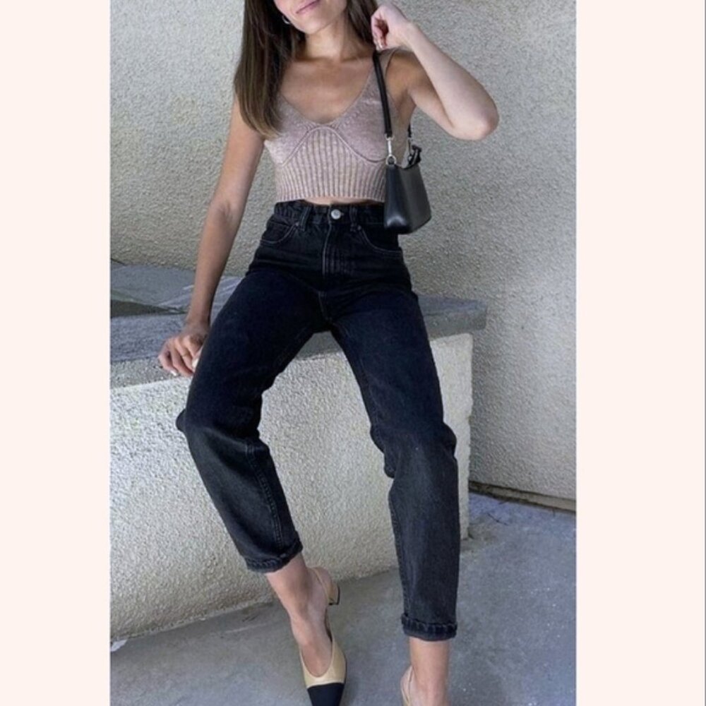 Zara Tapered Charcoal Black Stone Wash Mom Jeans